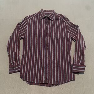 Jhane Barnes Shirt Mens Large Maroon Striped Geometric Swirl Silk Blend Button